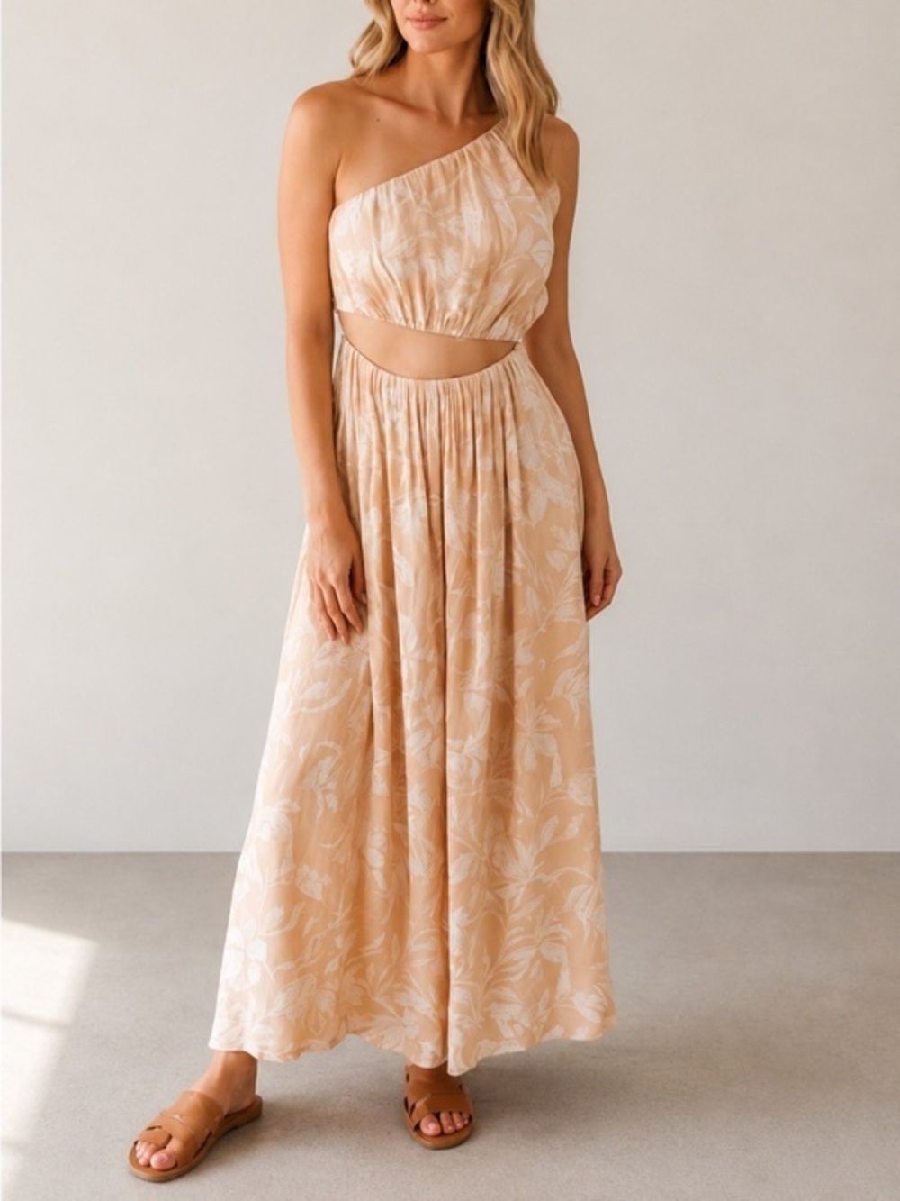 Abercrombie & Fitch One Shoulder Tan Floral Cutout Tropical Vacation Midi Dress
